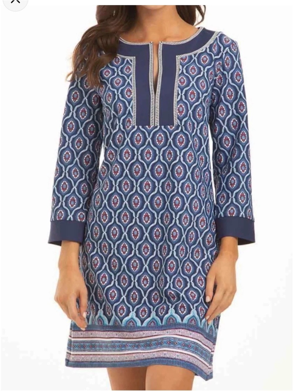 Cabana Blue Geometric Print Shift Dress Long Sleeve Size Small